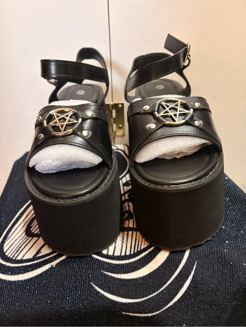 Chunky Black Platform Ankle-Strap Sandals with Pentagram Accent